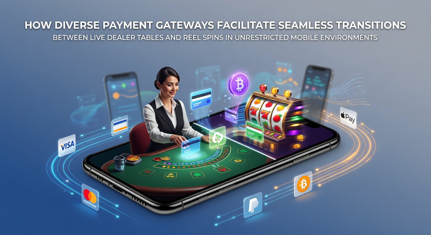 Mobile screen showing live dealer table transitioning to slot game with payment gateway icons