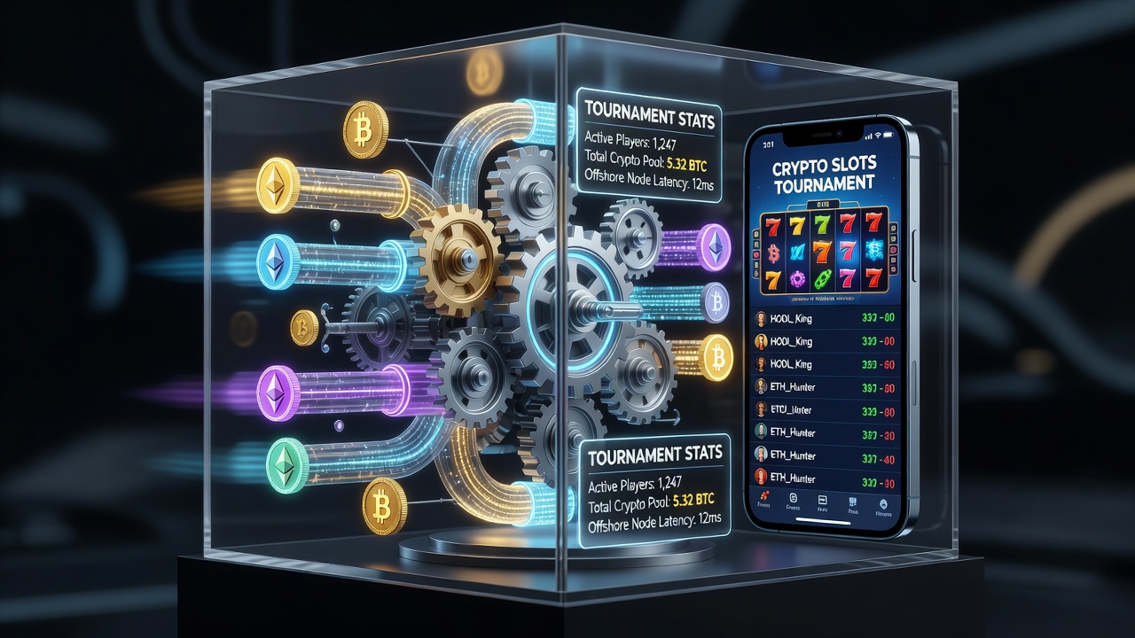 Mobile screen showing live crypto slot tournament with leaderboard and wallet balance