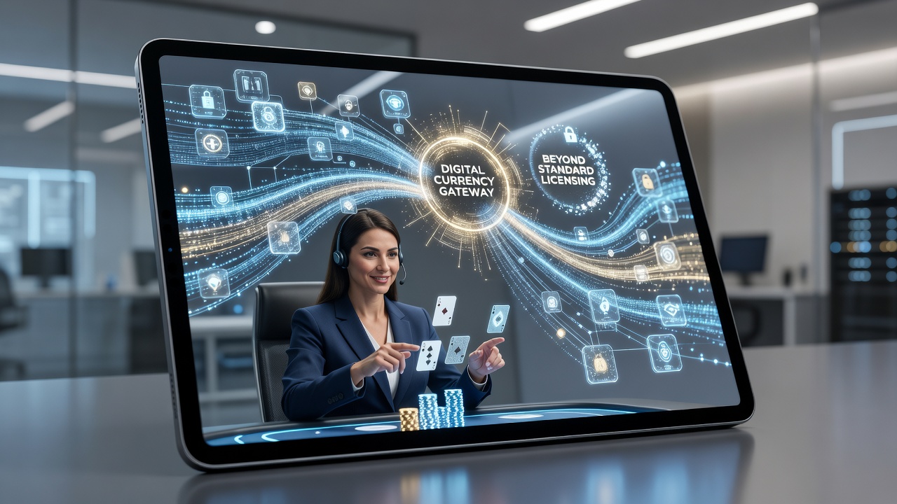 Abstract visualization of blockchain nodes connecting mobile devices to international live dealer servers with encrypted data streams