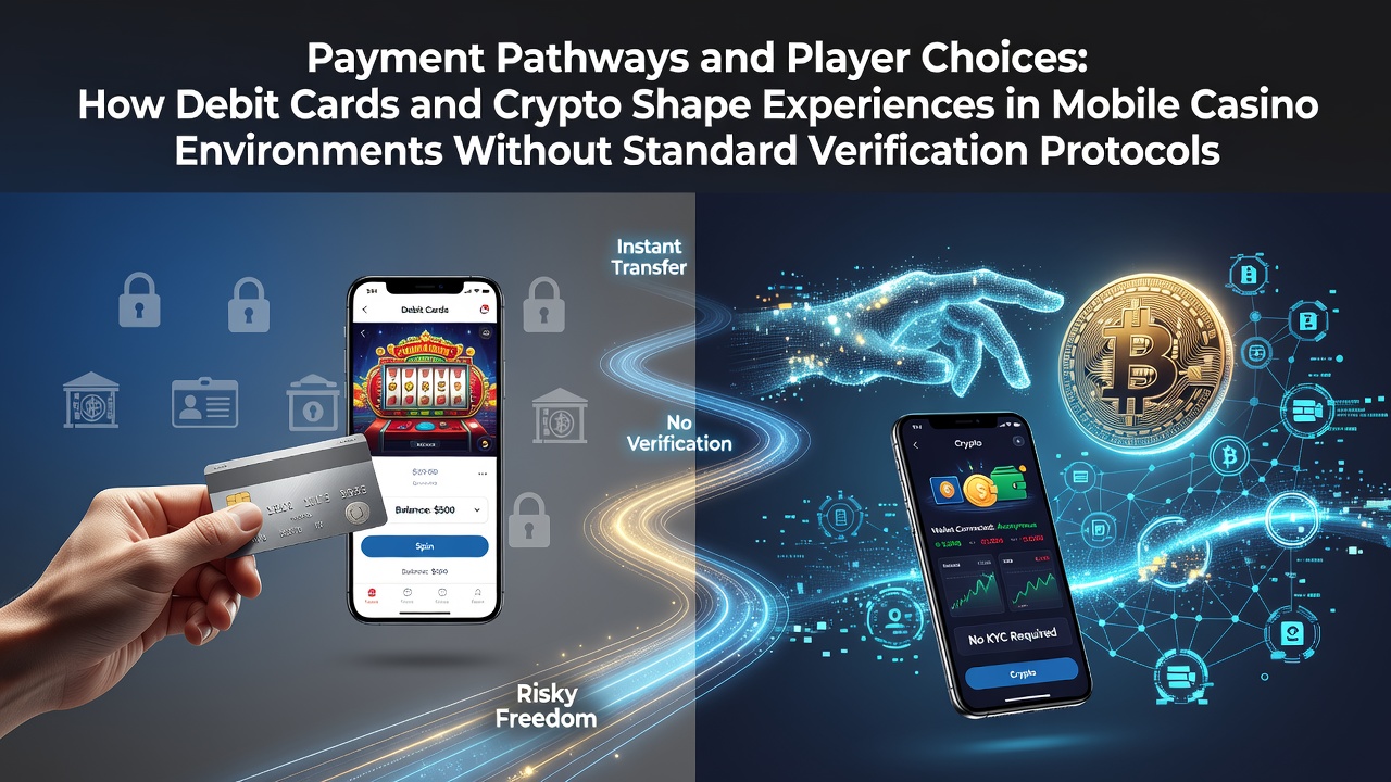 Mobile casino interface showing debit card and crypto payment options on a smartphone screen