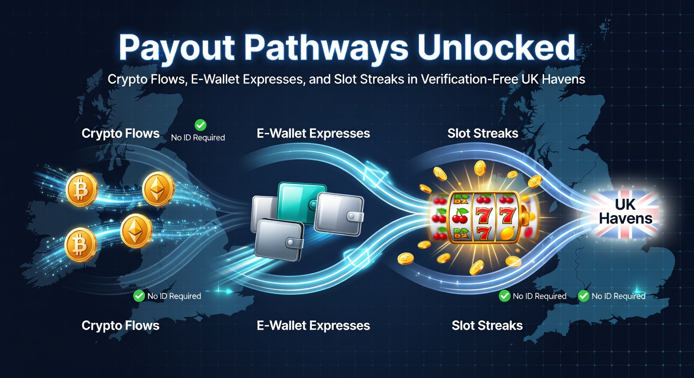 Digital streams of cryptocurrency and e-wallet icons flowing towards slot machine reels in a seamless payout landscape