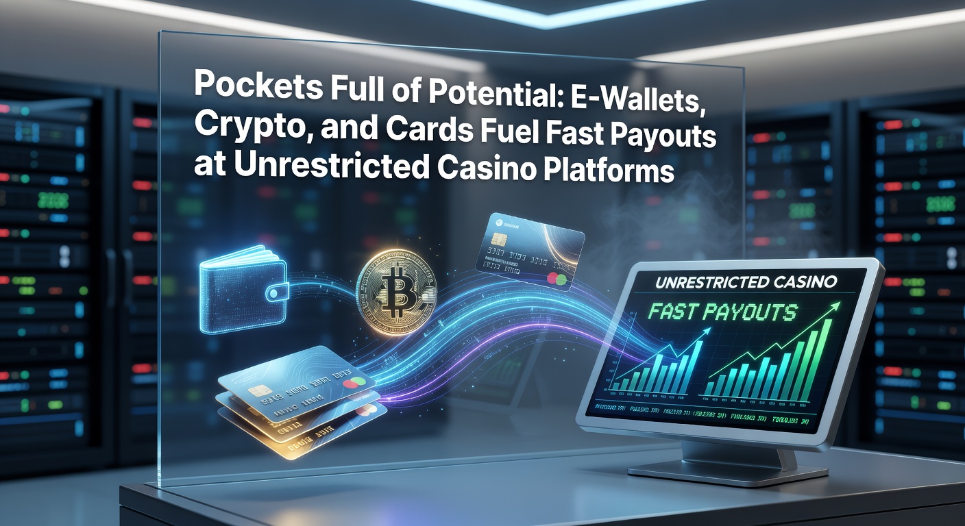 Digital wallet icons including e-wallets, crypto symbols, and credit cards glowing against a casino backdrop, symbolizing rapid transaction flows