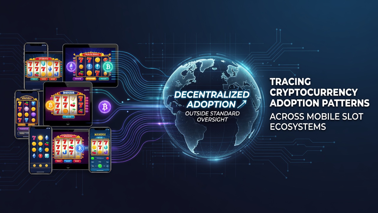 Mobile devices displaying slot games with cryptocurrency transaction overlays in a digital ecosystem visualization