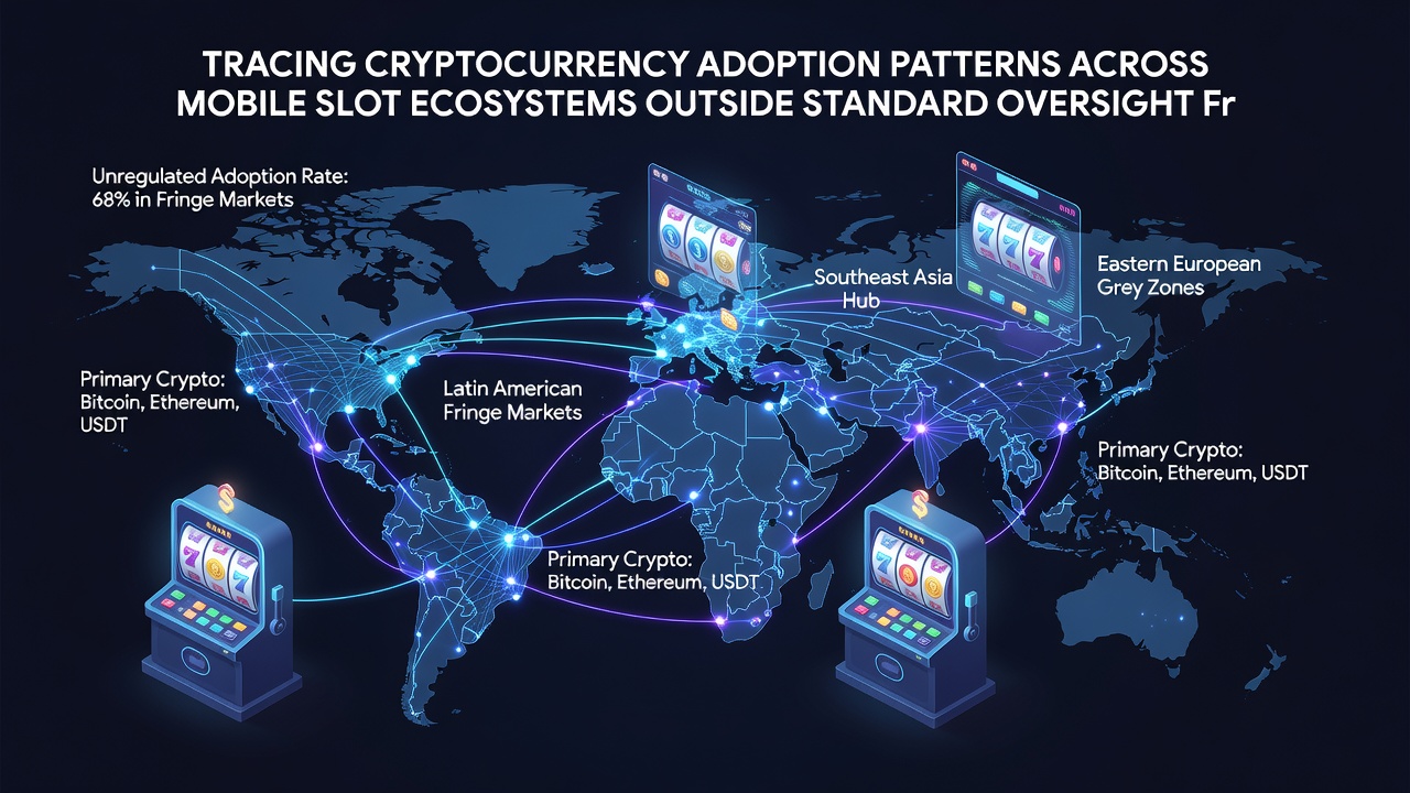 Analytics dashboard showing cryptocurrency transaction volumes connected to mobile slot activity across global regions