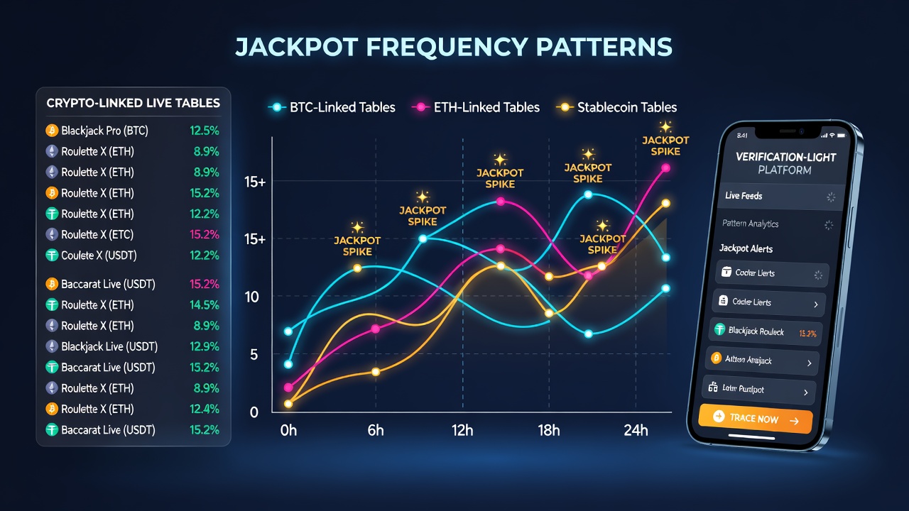 Mobile interface displaying live dealer table with jackpot tracker overlay and cryptocurrency transaction indicators