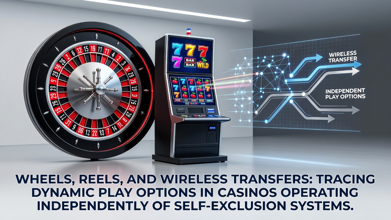 Dynamic casino interface showing roulette wheels and slot reels with wireless transfer icons on a mobile screen